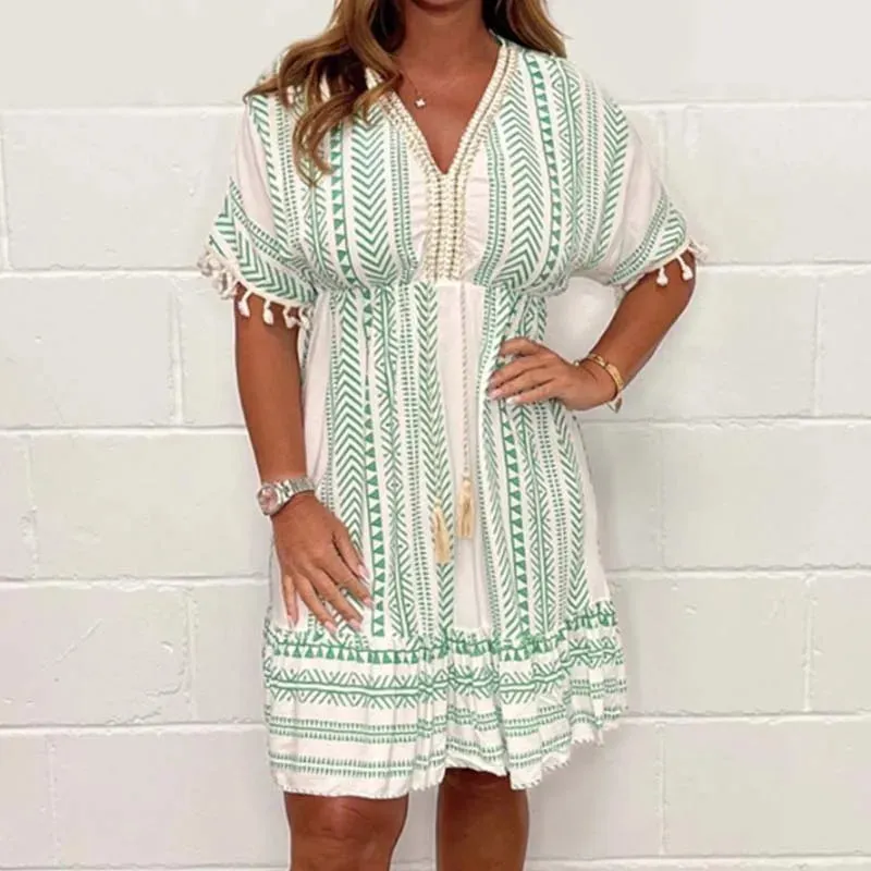 Casual Short Sleeved Tassel Party Ladies V-neck Pleated Commuting 2024 Printed High Waist Bohemian Summer New Dress