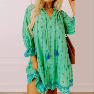 Casual V-neck Pattern Printed Party New Spring Lace Up Loose Short Ruffle Long Sleeve A-line Summer Female Dress