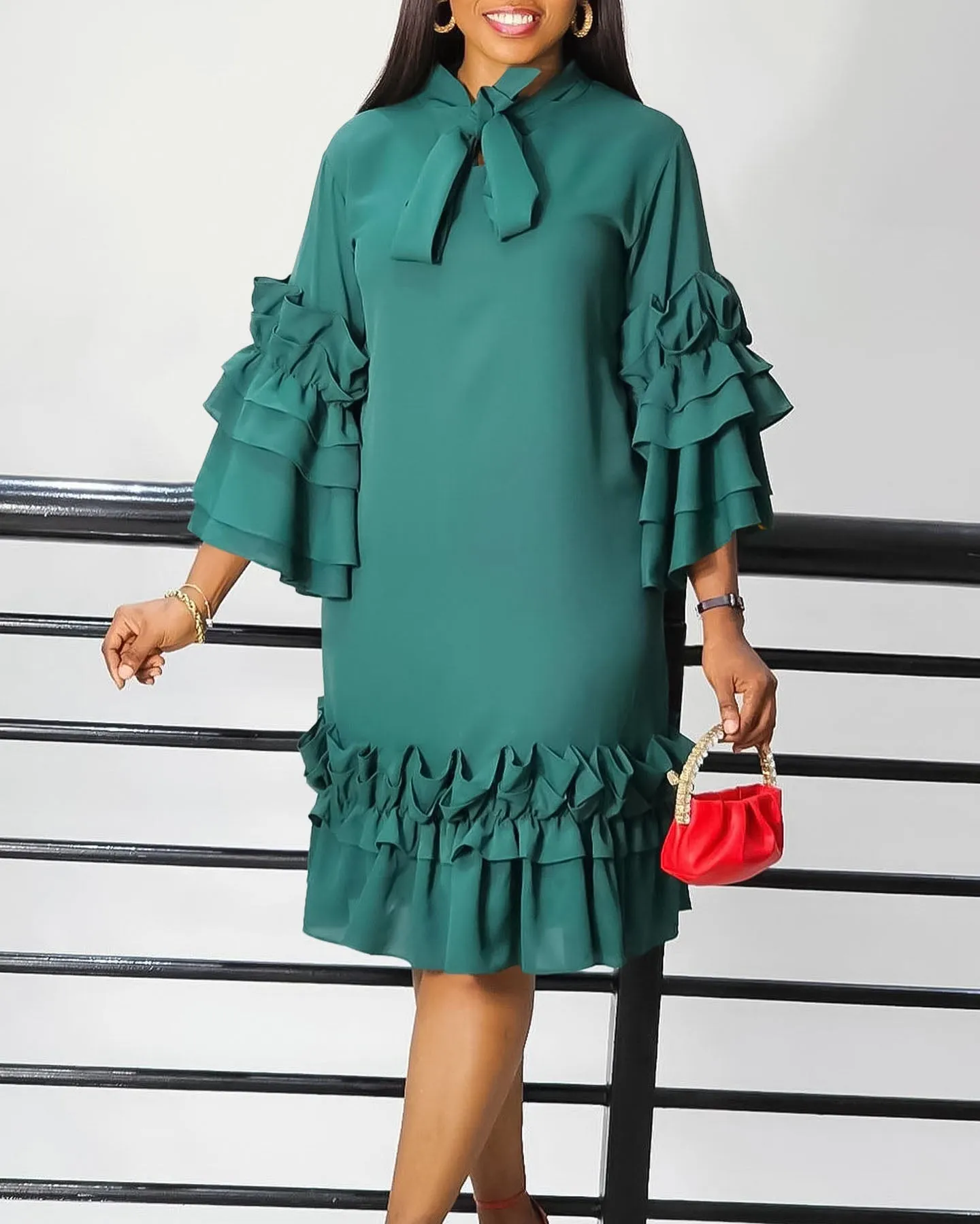 Chic Frilled Hem Bell Sleeve Solid Midi Dress