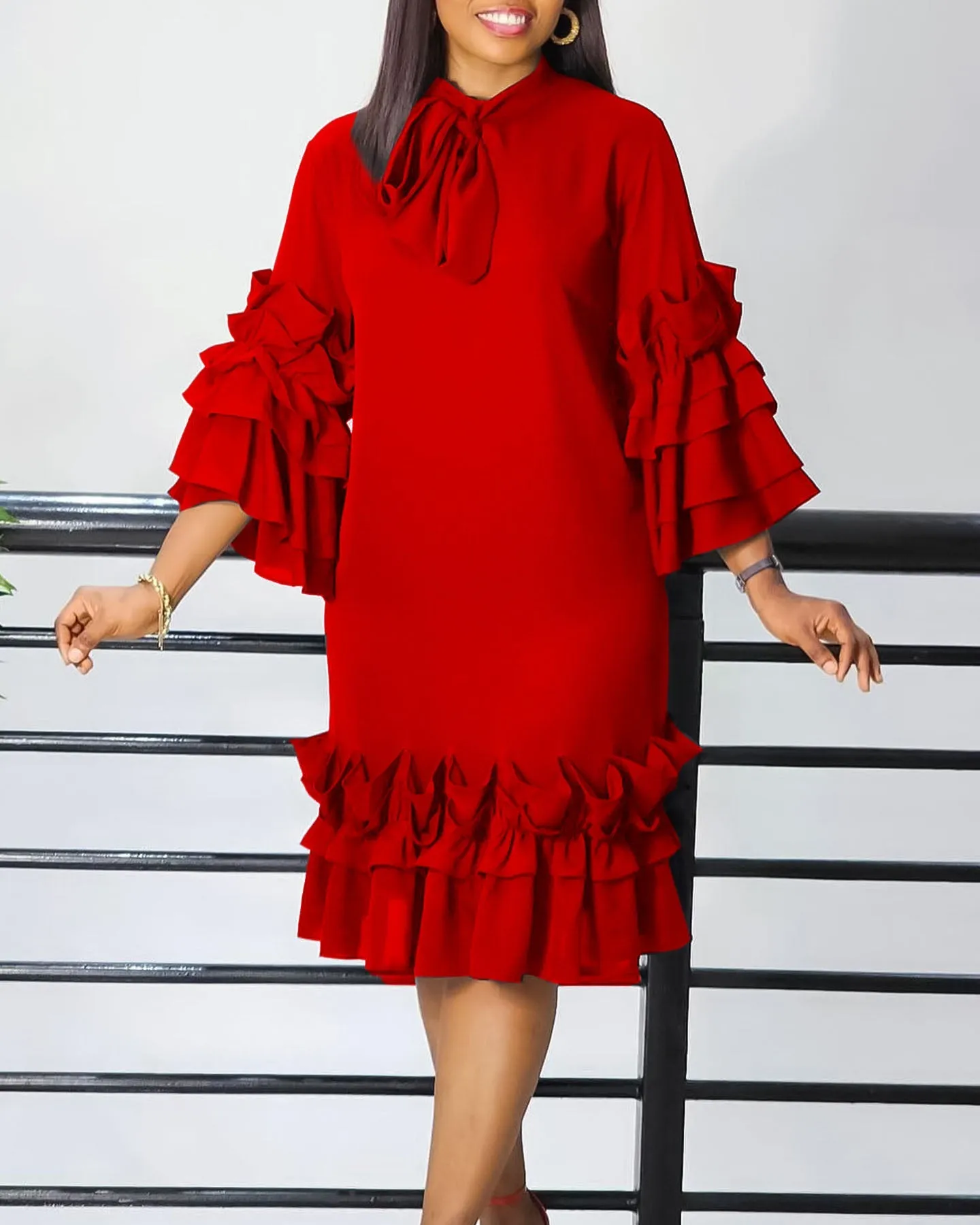 Chic Frilled Hem Bell Sleeve Solid Midi Dress