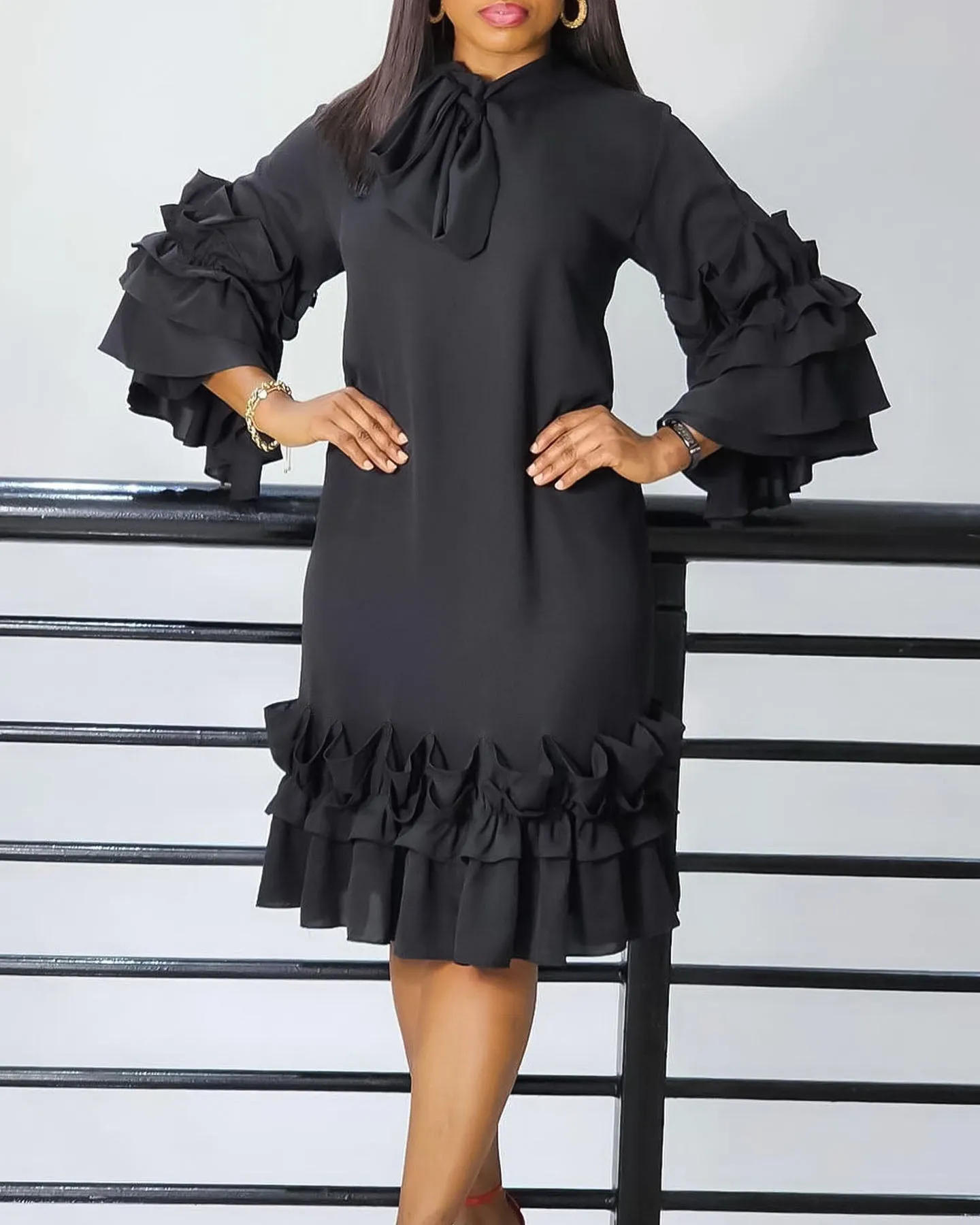 Chic Frilled Hem Bell Sleeve Solid Midi Dress