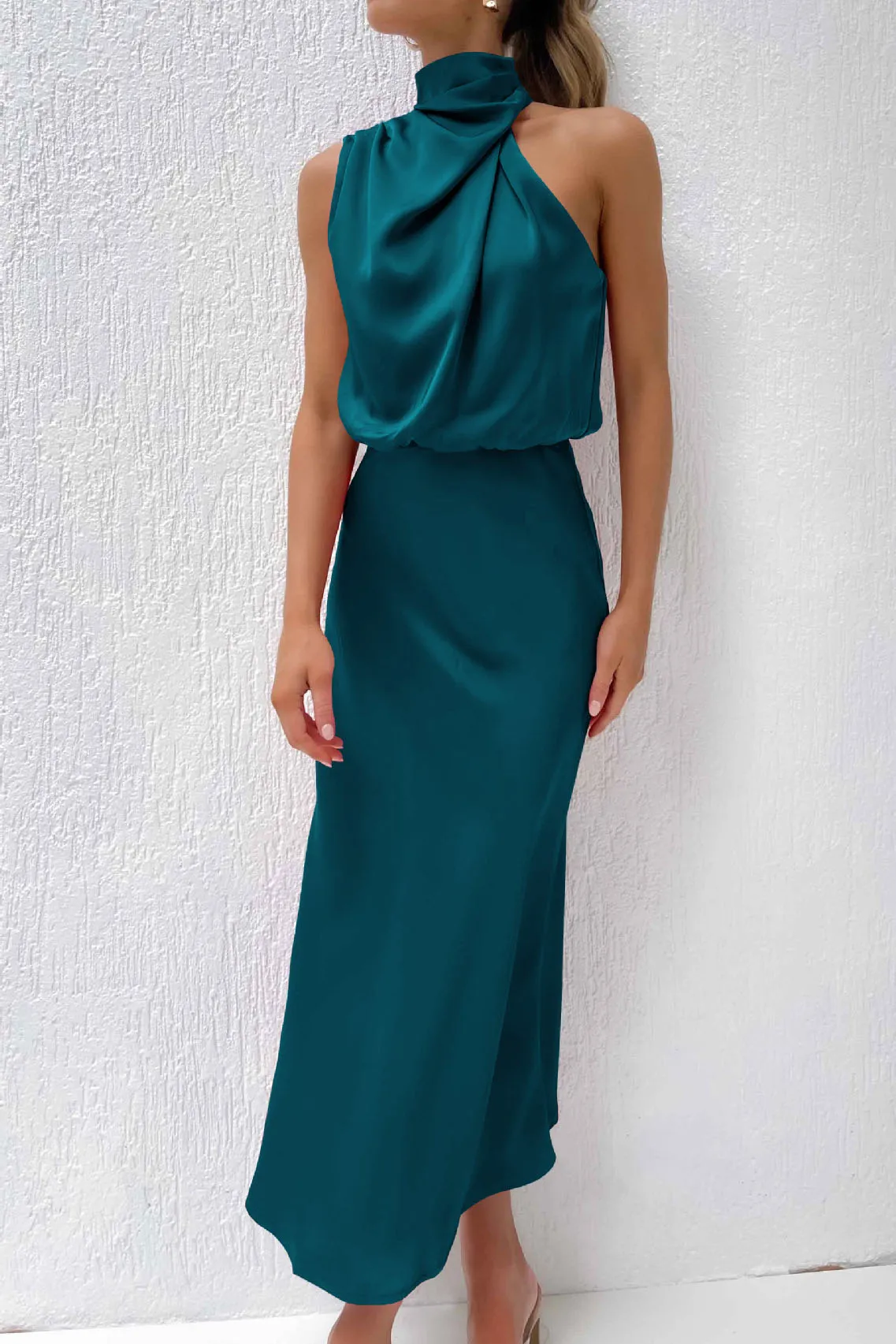 Chic Halter Neck Satin Midi Dress