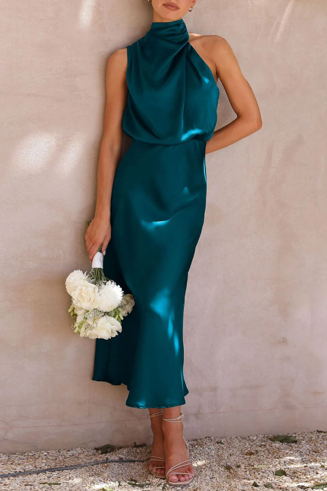 Chic Halter Neck Satin Midi Dress