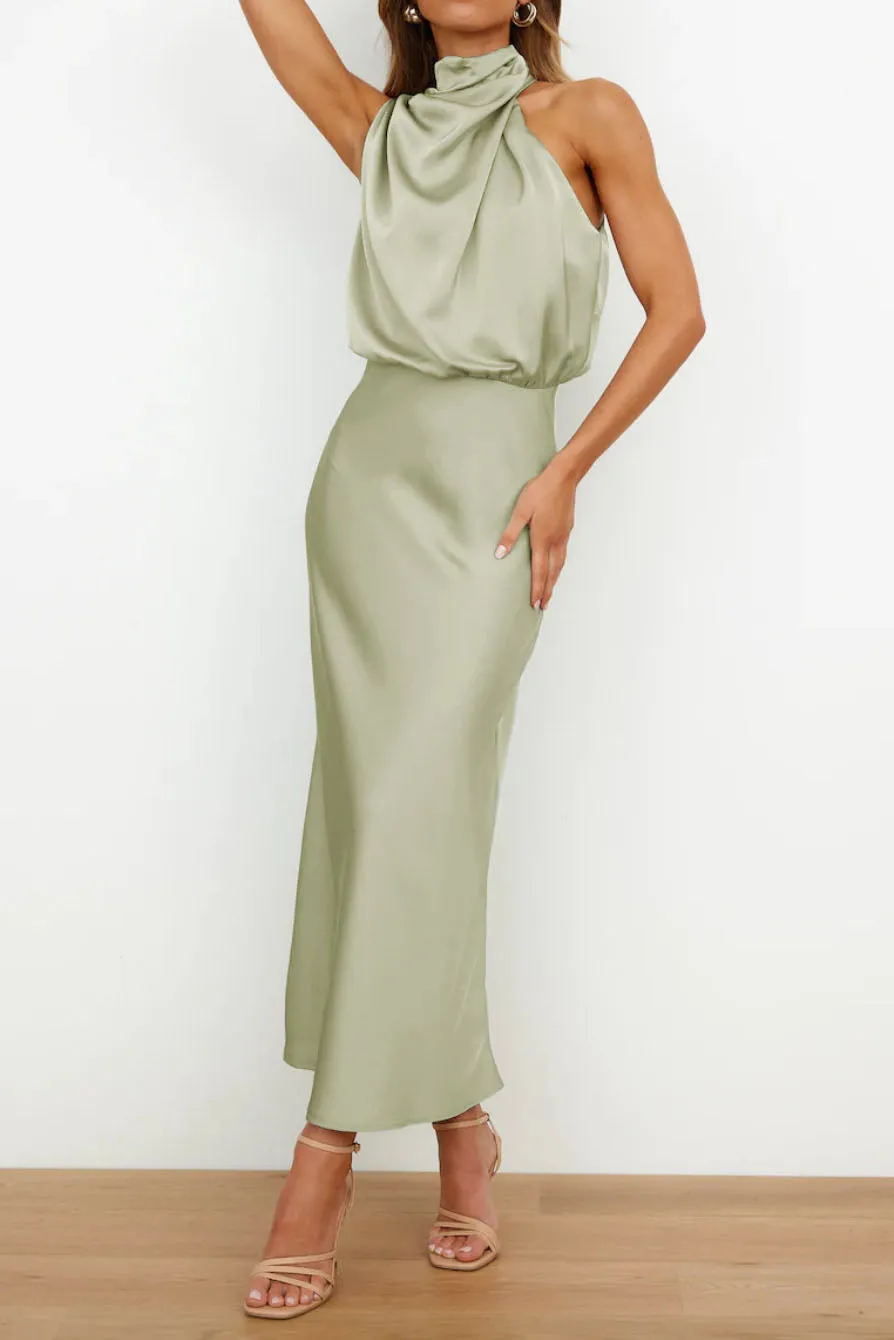 Chic Halter Neck Satin Midi Dress