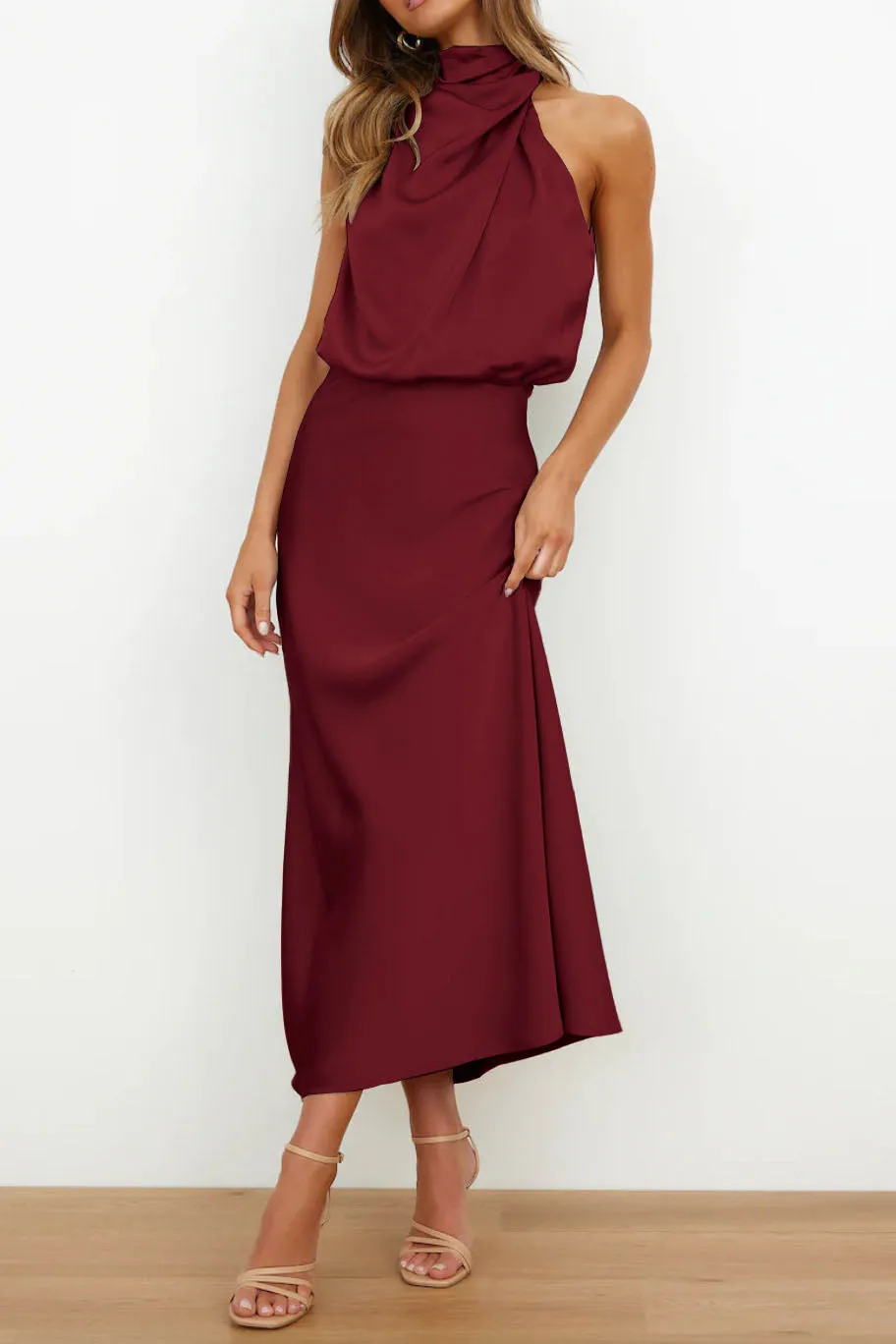 Chic Halter Neck Satin Midi Dress