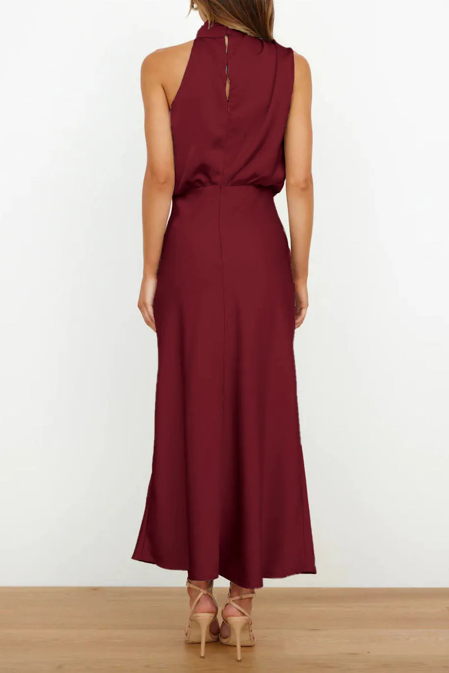 Chic Halter Neck Satin Midi Dress