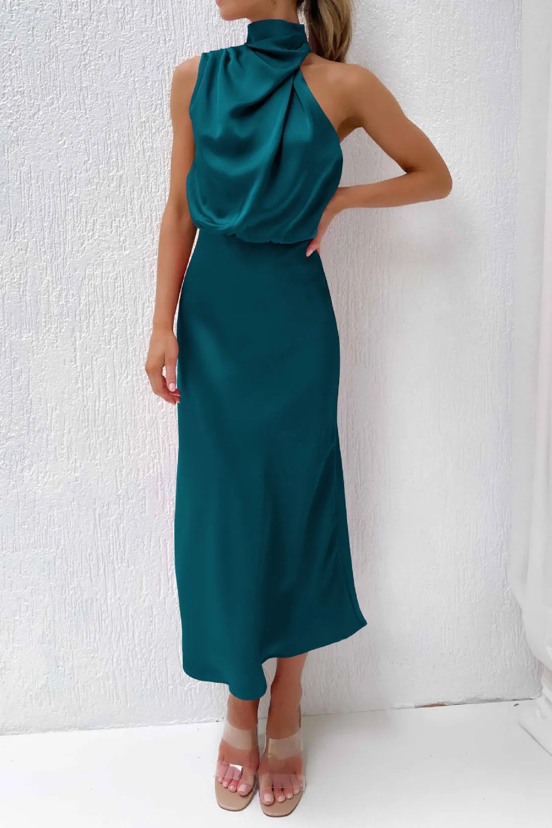 Chic Halter Neck Satin Midi Dress