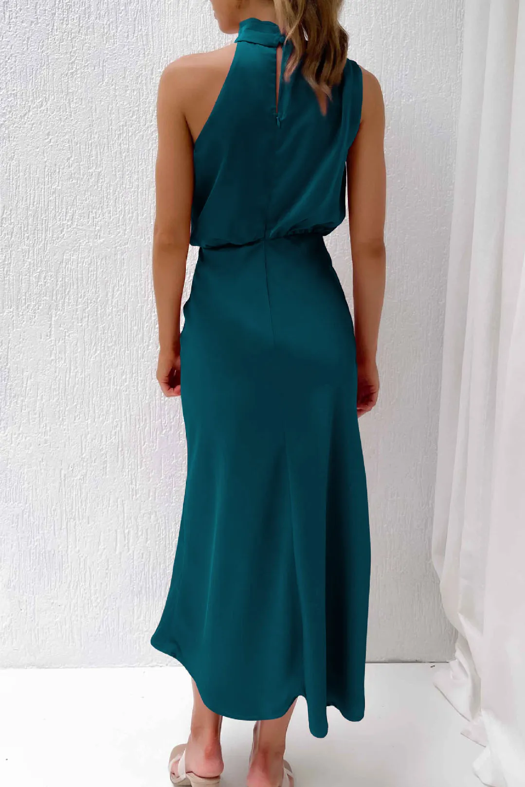 Chic Halter Neck Satin Midi Dress