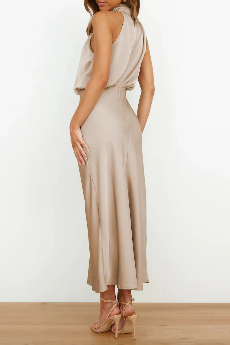 Chic Halter Neck Satin Midi Dress