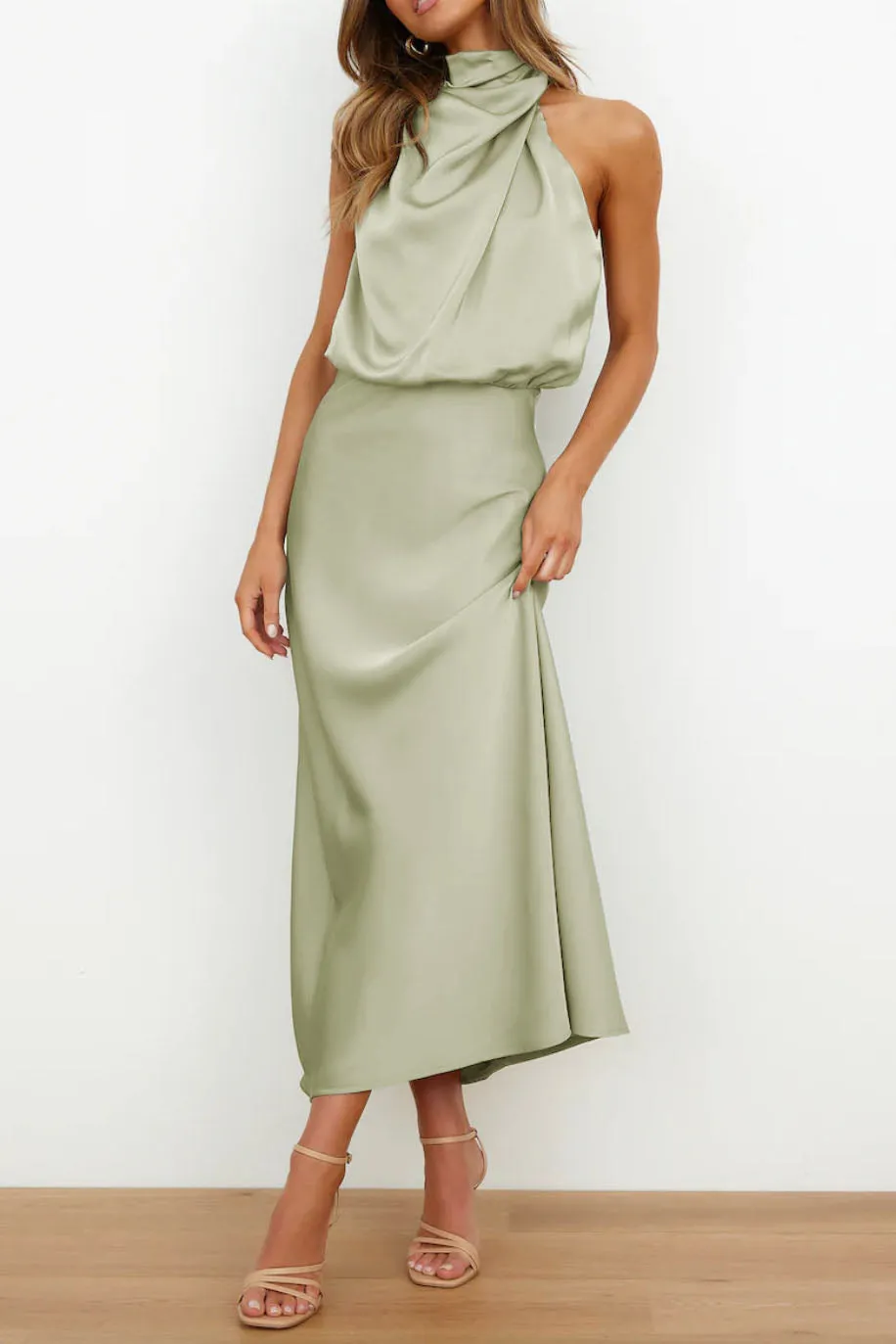 Chic Halter Neck Satin Midi Dress