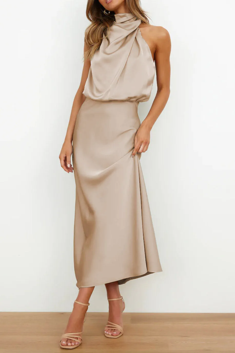 Chic Halter Neck Satin Midi Dress