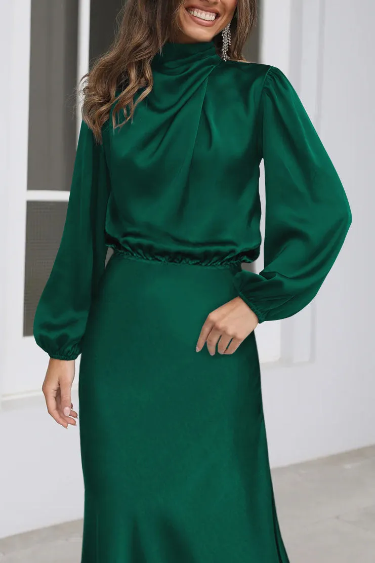 Chic Satin Long Sleeve Midi High Neck Dress