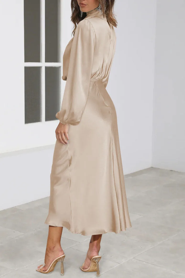 Chic Satin Long Sleeve Midi High Neck Dress