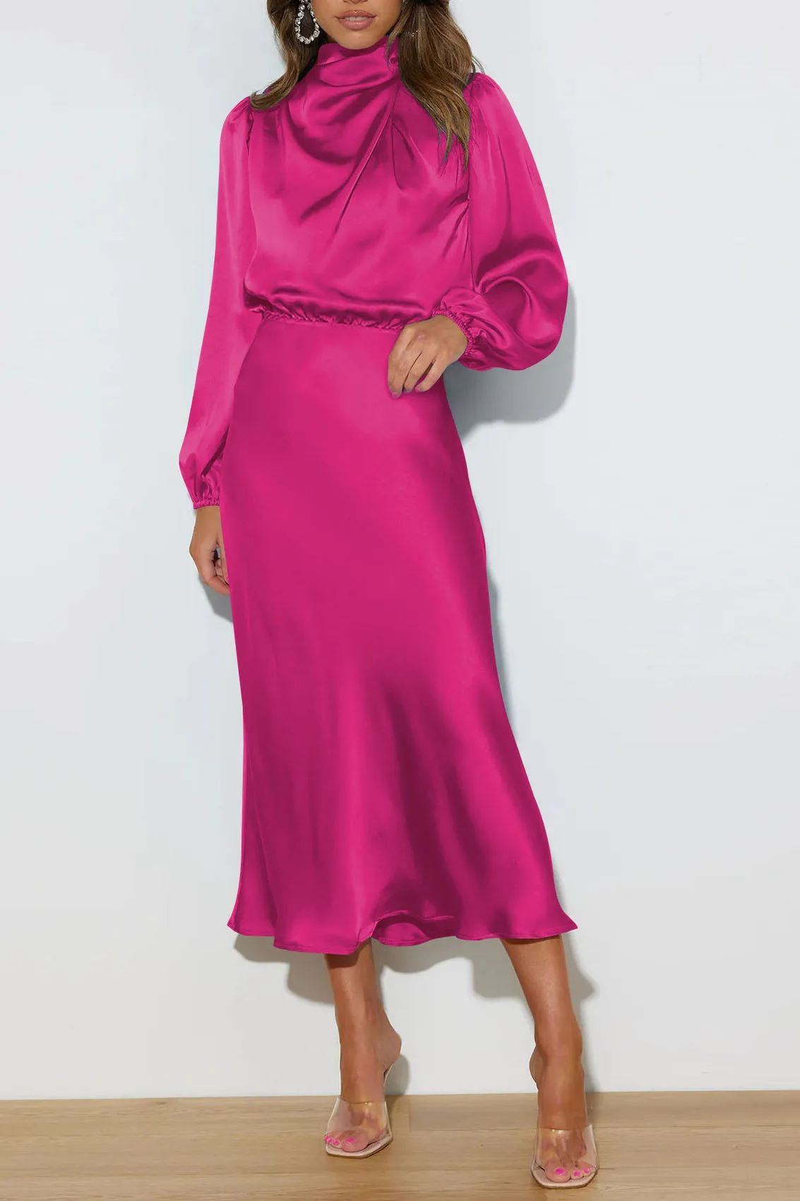 Chic Satin Long Sleeve Midi High Neck Dress