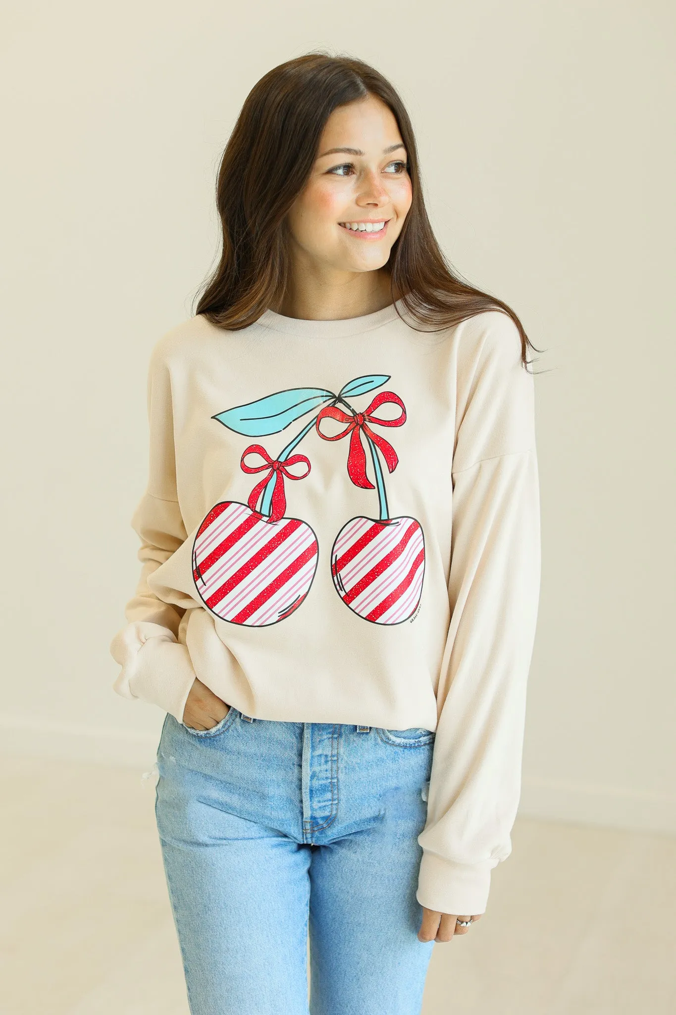 Christmas Cherries on Ivory Micro Fleece Sweatshirt