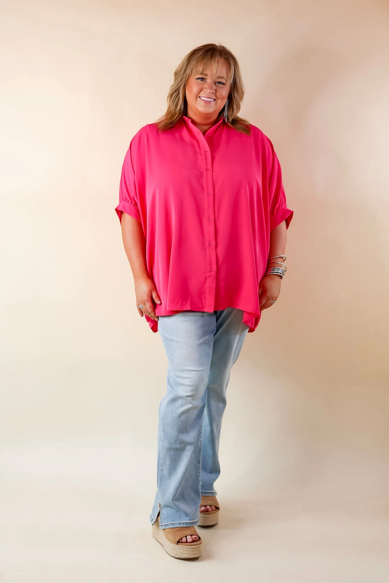 City Lifestyle Button Up Half Sleeve Poncho Top in Hot Pink