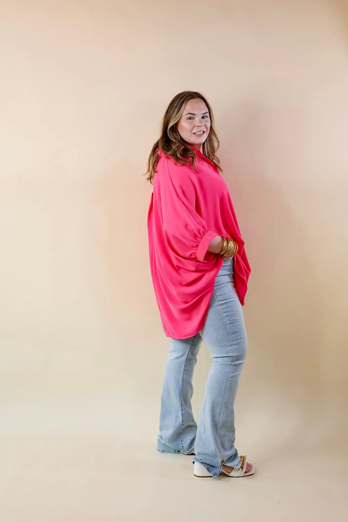 City Lifestyle Button Up Half Sleeve Poncho Top in Hot Pink