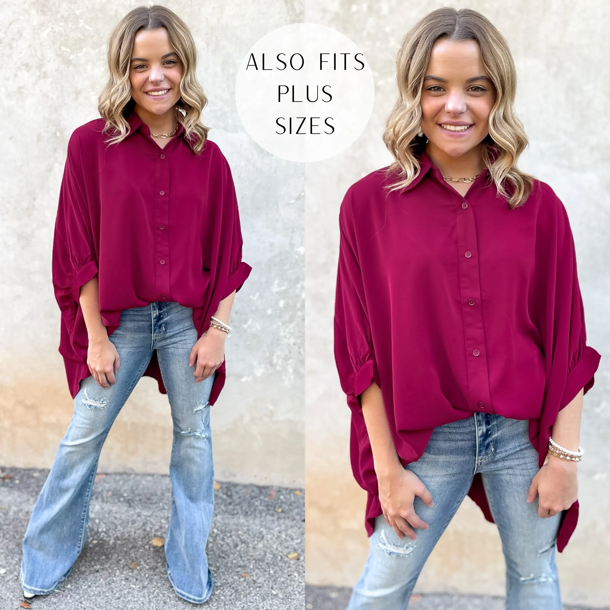 City Lifestyle Button Up Half Sleeve Poncho Top in Maroon