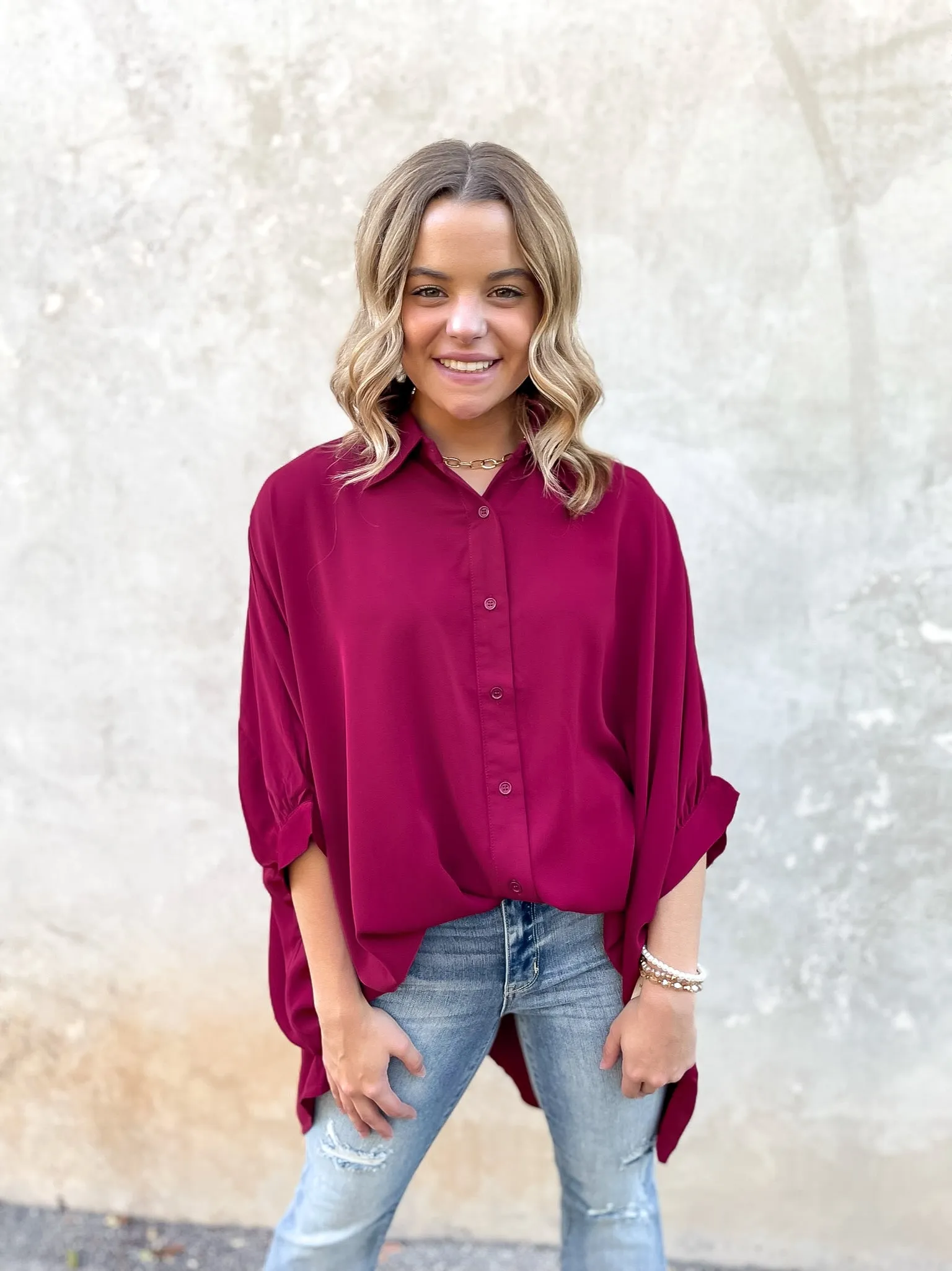 City Lifestyle Button Up Half Sleeve Poncho Top in Maroon