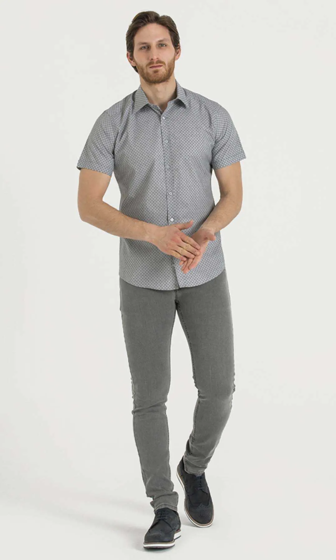 Classic Fit Short Sleeve Cotton Gray Dress Shirt