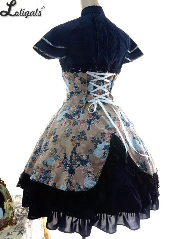 Classic Half Sleeve Layered Black Qi Style Floral Printed One Piece Lolita Dress with Tassels