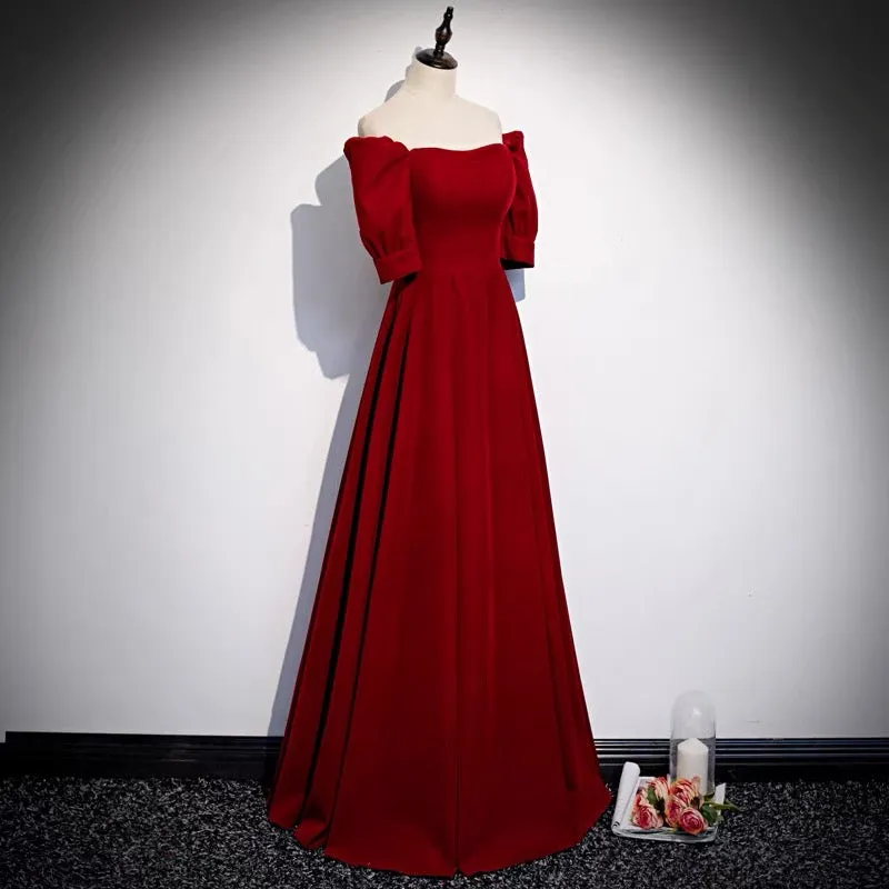 Classic Off Shoulder Long Maroon Prom Dress