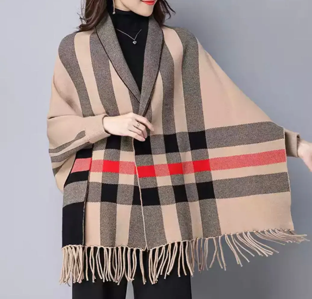 Classic Plaid Camel Poncho Wrap Sleeves