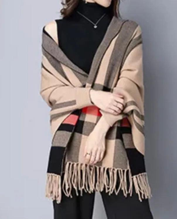 Classic Plaid Camel Poncho Wrap Sleeves