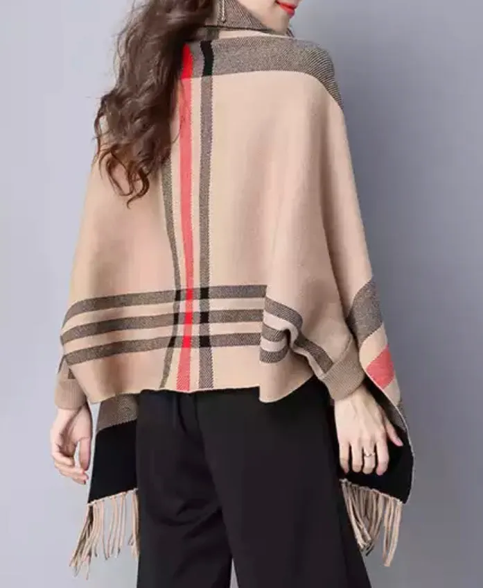 Classic Plaid Camel Poncho Wrap Sleeves