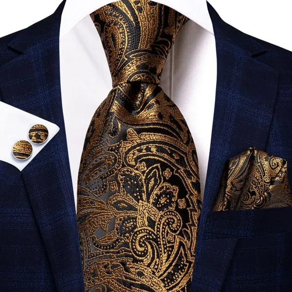 Classy Men Gold Black Paisley Silk Tie