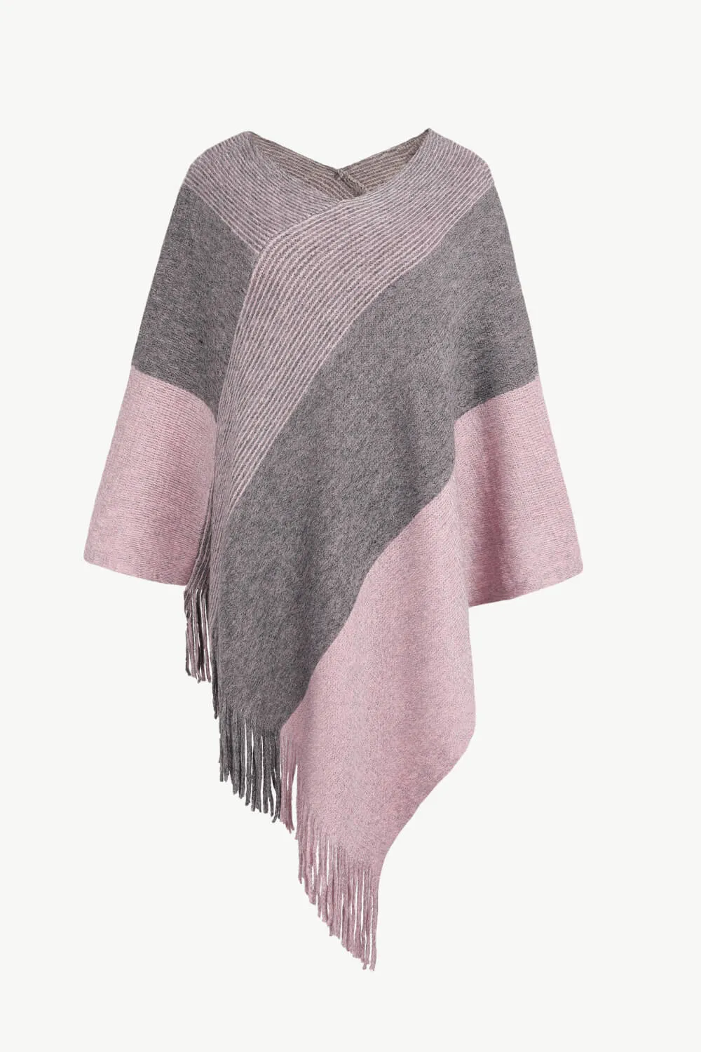 Color Block Fringe Hem V-Neck Poncho