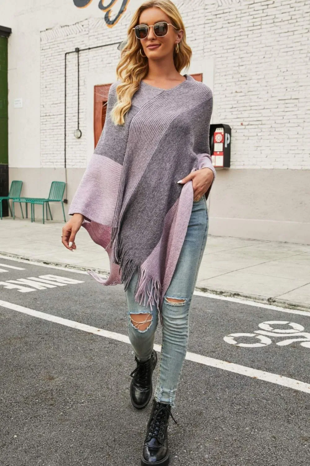 Color Block Fringe Hem V-Neck Poncho