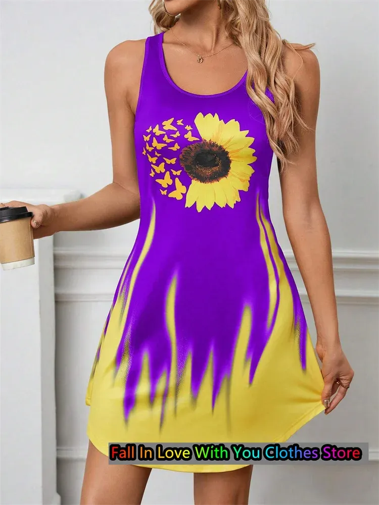 Colorful Sunflower & Butterfly Sleeveless Round Neck Dress Fashion Casual Bohemian Vacation Short Sleeve Dress Women Clothing