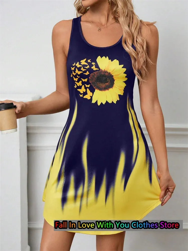 Colorful Sunflower & Butterfly Sleeveless Round Neck Dress Fashion Casual Bohemian Vacation Short Sleeve Dress Women Clothing