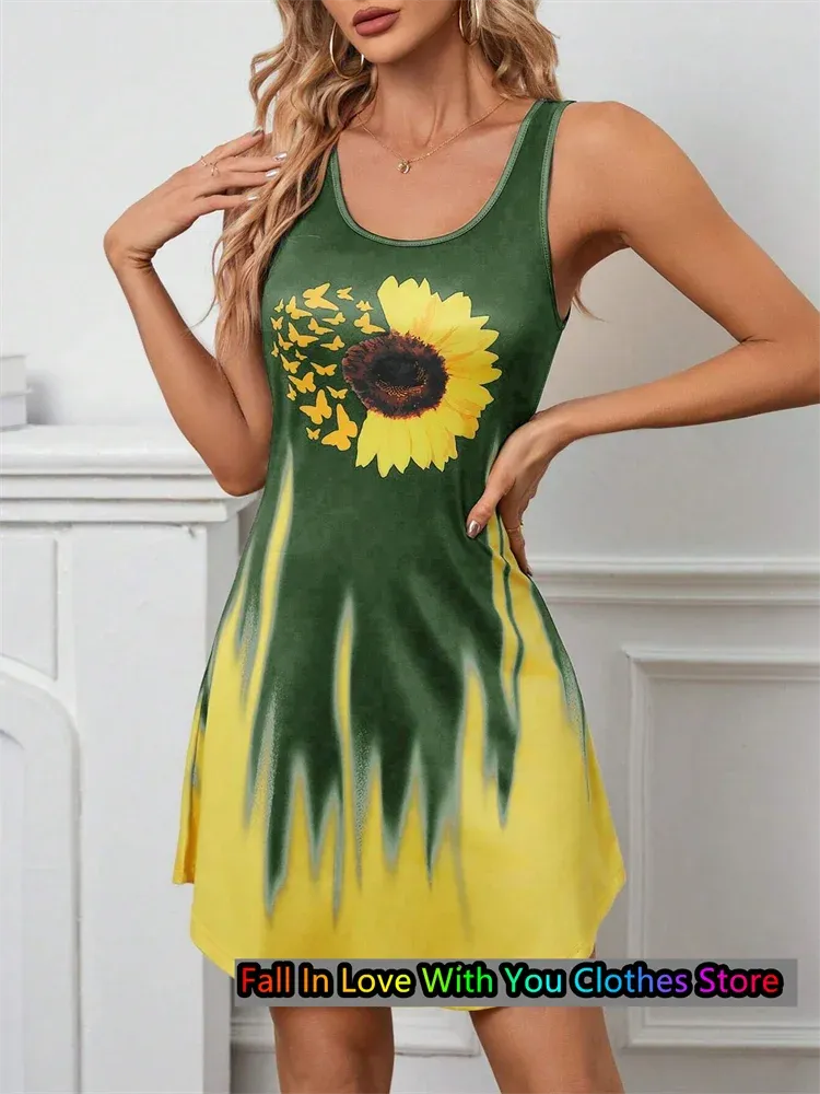 Colorful Sunflower & Butterfly Sleeveless Round Neck Dress Fashion Casual Bohemian Vacation Short Sleeve Dress Women Clothing