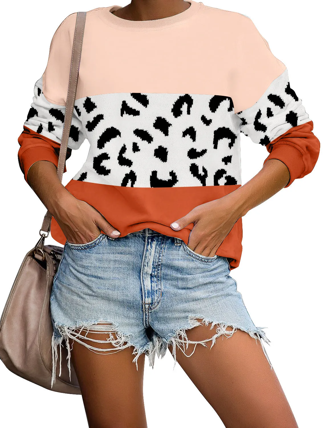 Coral Colorblock Drop Shoulder Pullover Sweater