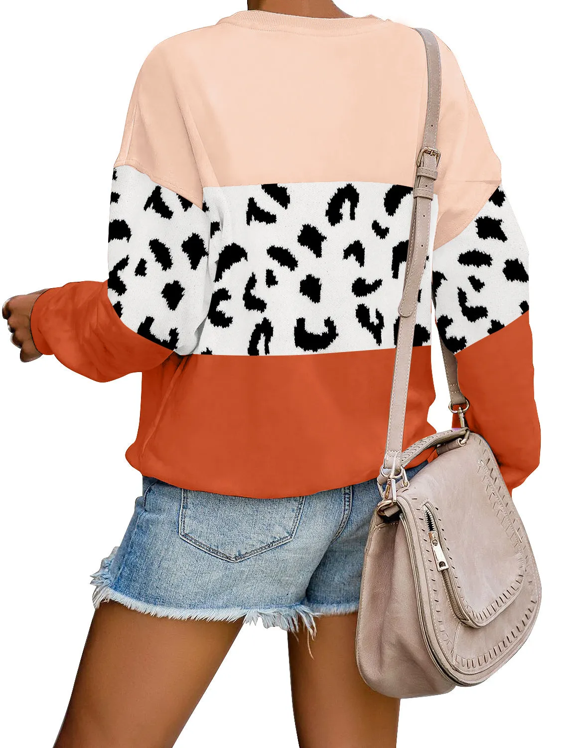 Coral Colorblock Drop Shoulder Pullover Sweater