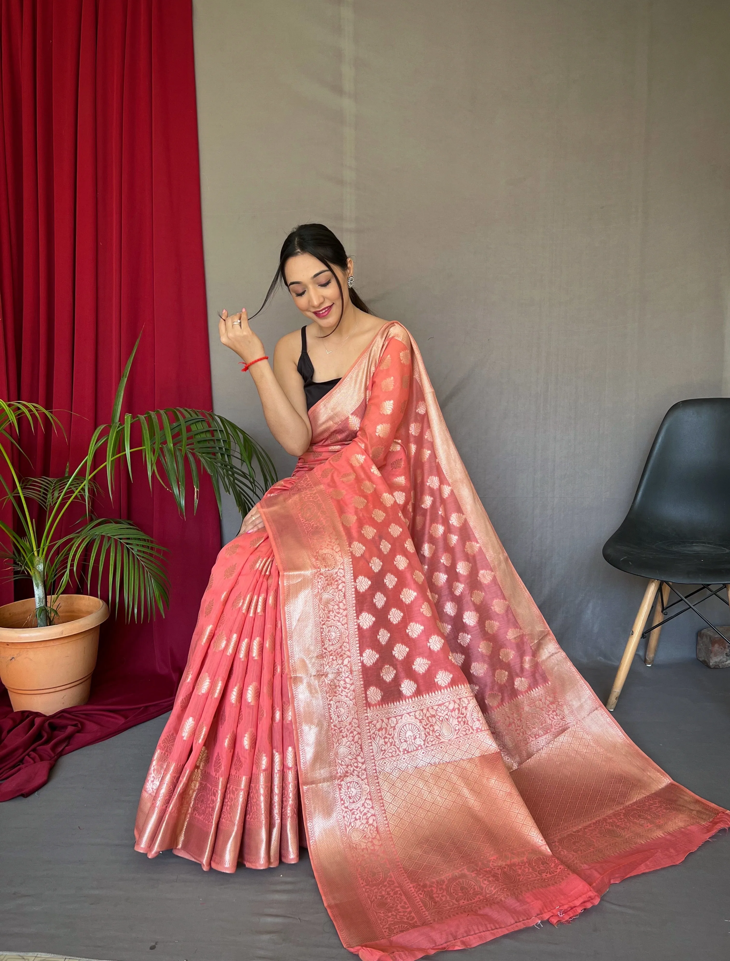 Coral Pink Man Mohini Cotton Muslin Woven Saree