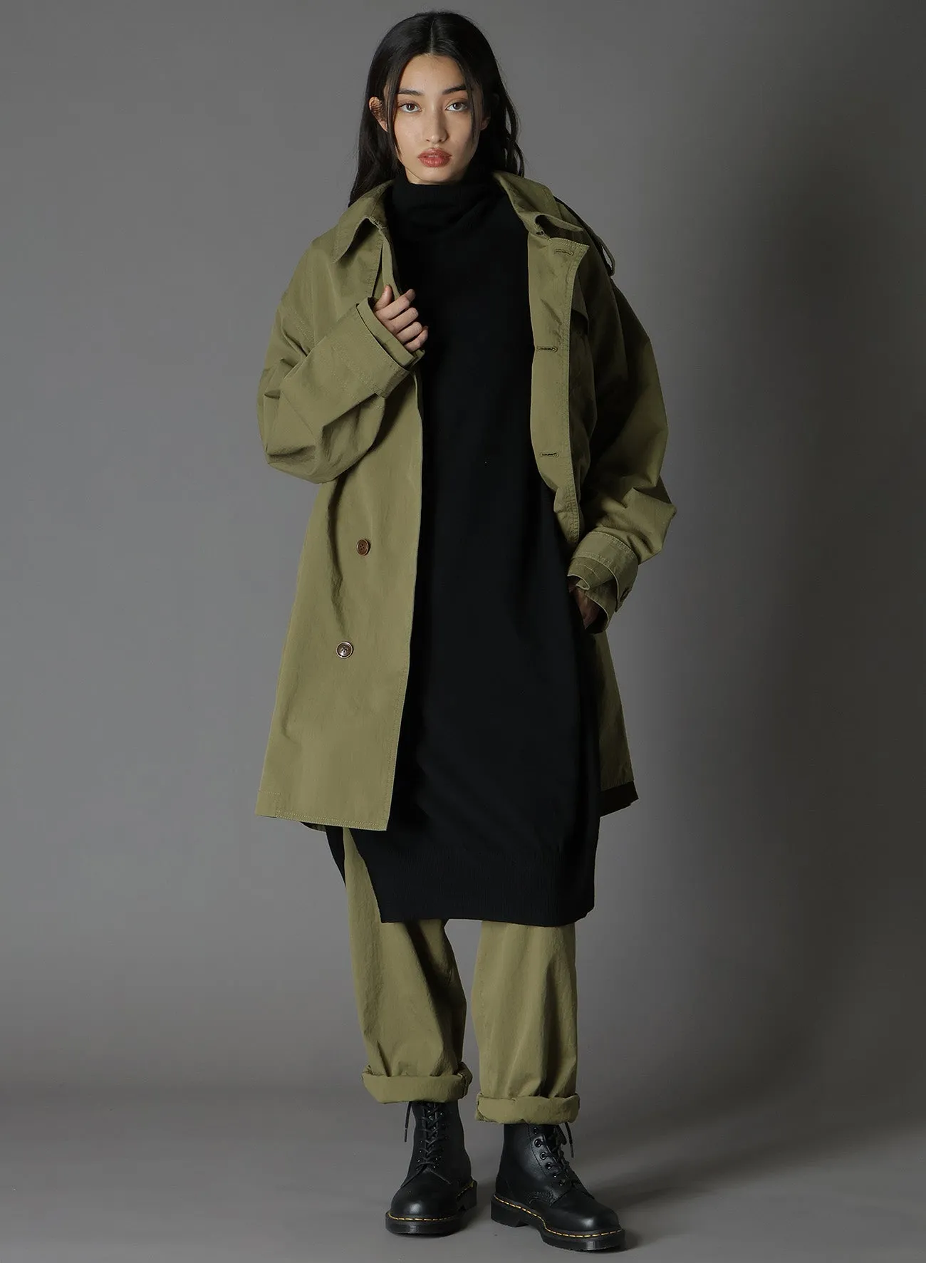 COTTON/NYLON OXFORD ZIPPER TRENCH COAT WITH FULLED WOOL GAUZE POCKETS