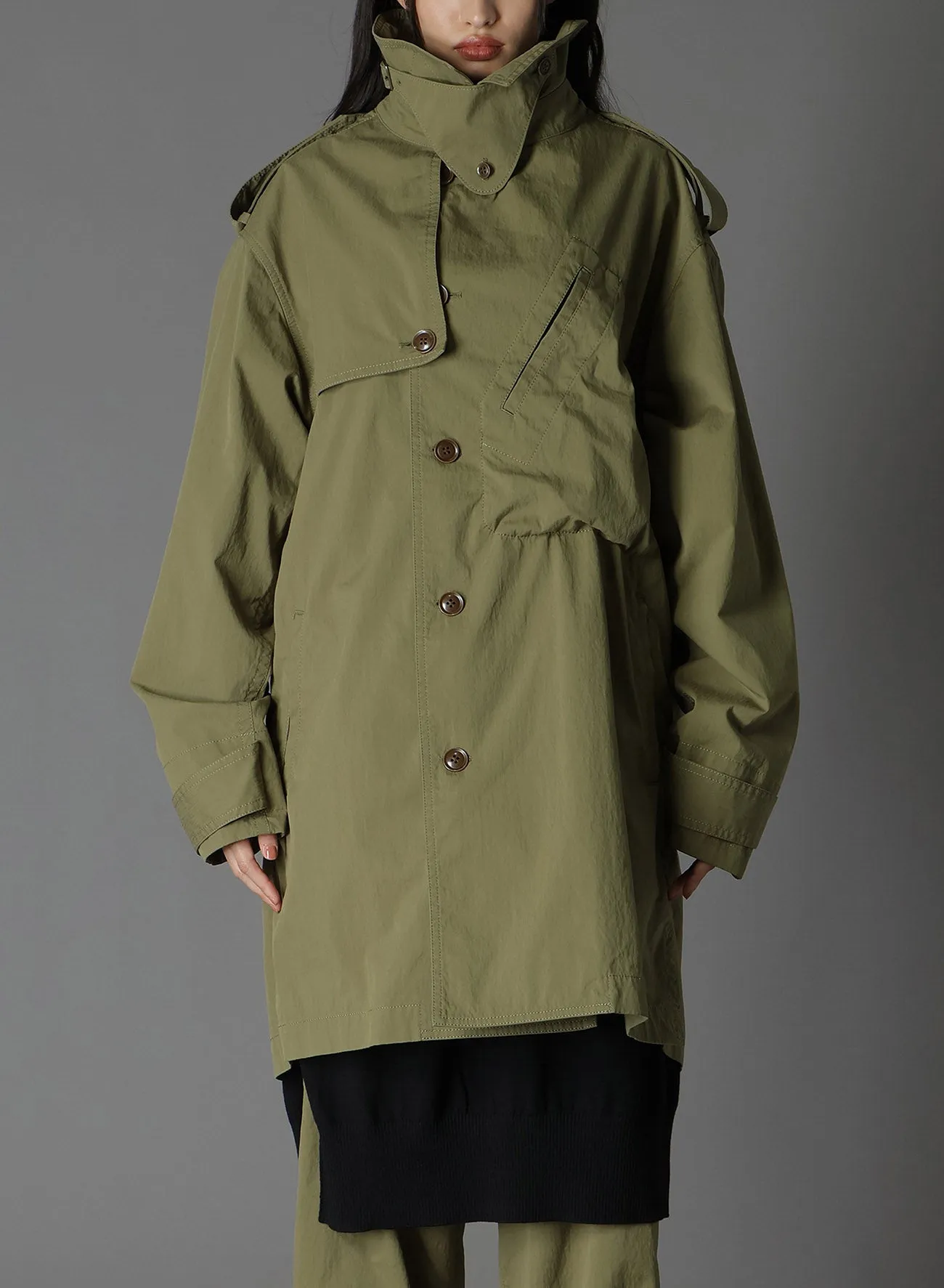 COTTON/NYLON OXFORD ZIPPER TRENCH COAT WITH FULLED WOOL GAUZE POCKETS