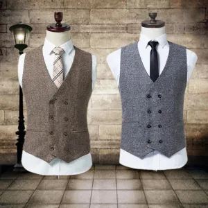 Country Style Wedding Groom Vests Wool Herringbone Tweed Vests Groomsmen Vest Mens Suit Vest Prom Blazers Waistcoat Plus Size