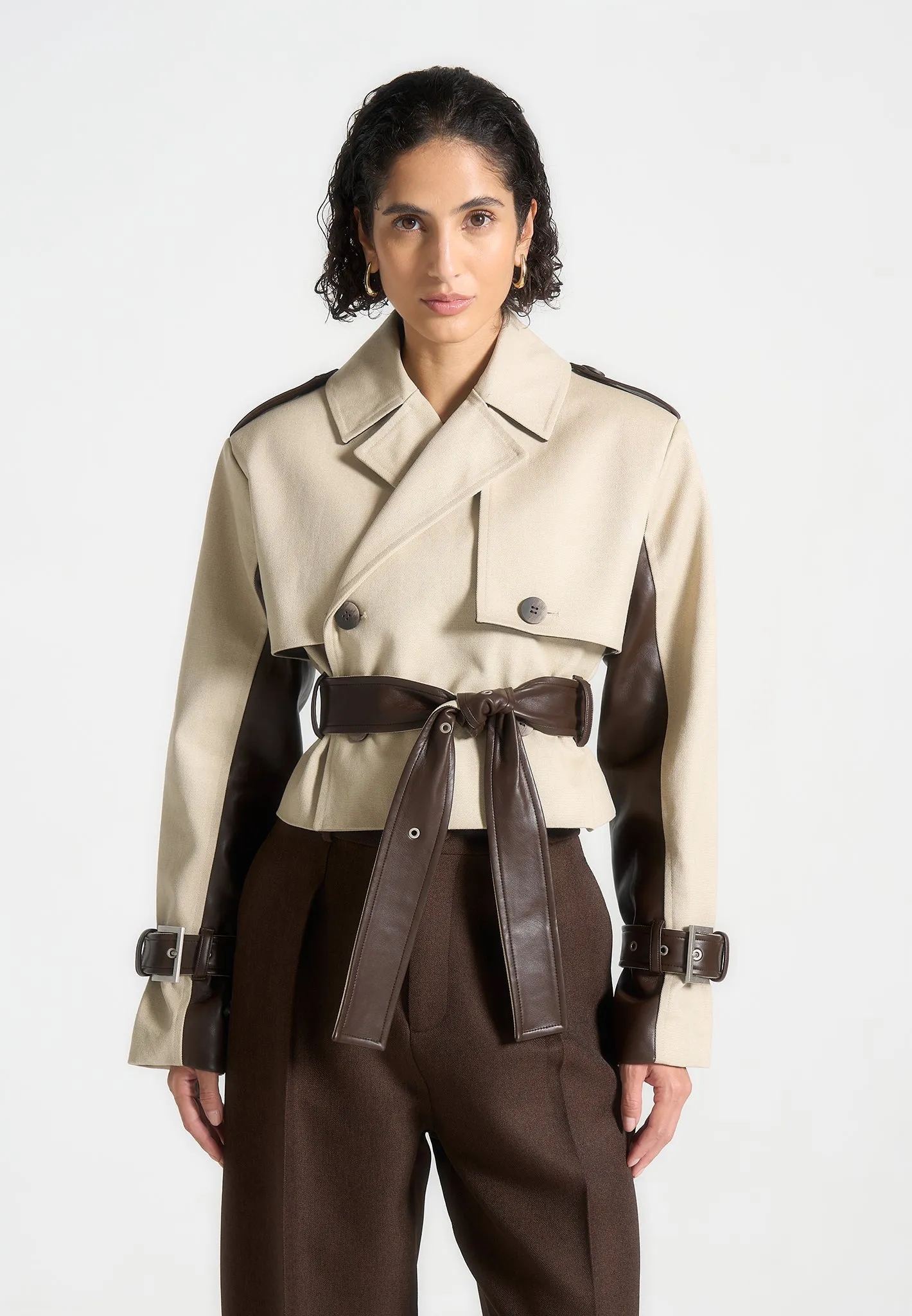 Cropped Trench Coat with Belt - Beige/Brown