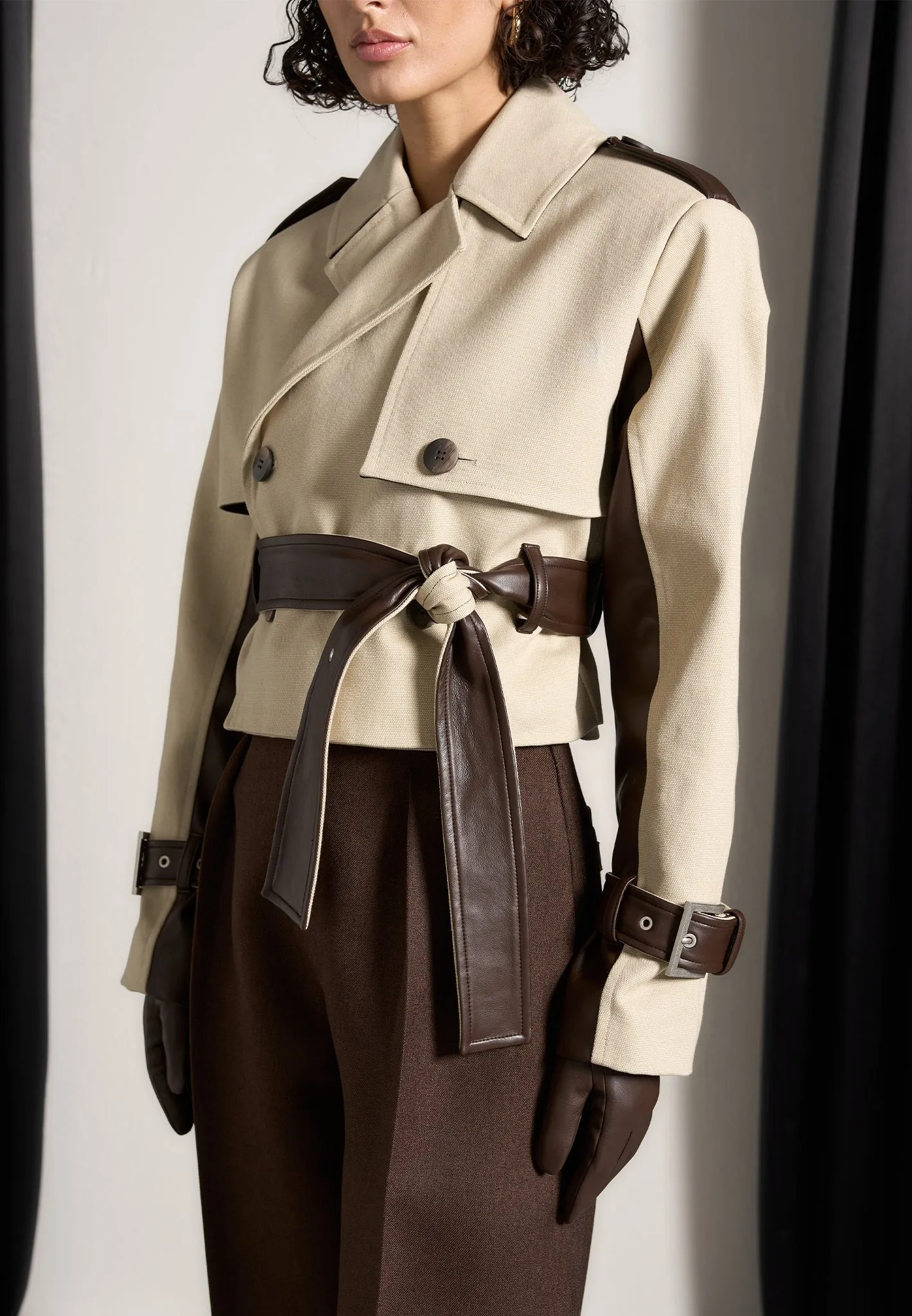 Cropped Trench Coat with Belt - Beige/Brown