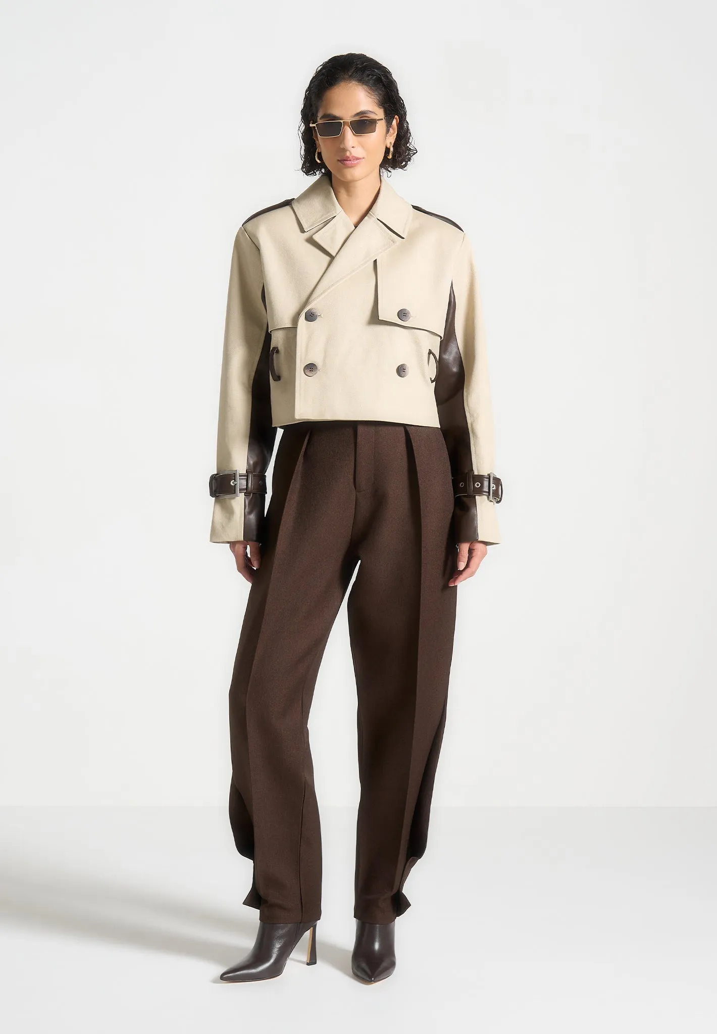 Cropped Trench Coat with Belt - Beige/Brown