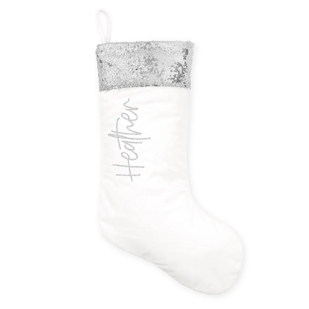 CUSTOM PRINTED PLUSH SEQUINED CUFF CHRISTMAS STOCKING - VERTICAL SCRIPT FONT