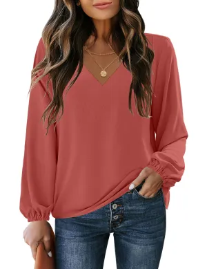 Dark Coral V-Neckline Bishop Sleeves Loose Fit Women's Top