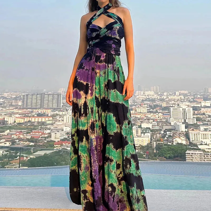 Deep V-strap Slim Long 2024 Summer Tie Dye Printed High Waisted Vintage Bohemian Sleeveless Women's Floral Elegant Dress