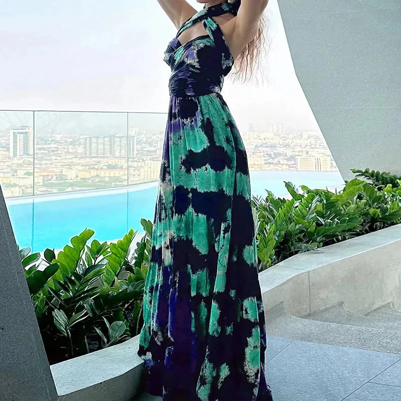 Deep V-strap Slim Long 2024 Summer Tie Dye Printed High Waisted Vintage Bohemian Sleeveless Women's Floral Elegant Dress