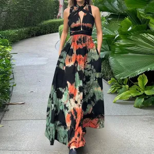 Deep V-strap Slim Long 2024 Summer Tie Dye Printed High Waisted Vintage Bohemian Sleeveless Women's Floral Elegant Dress