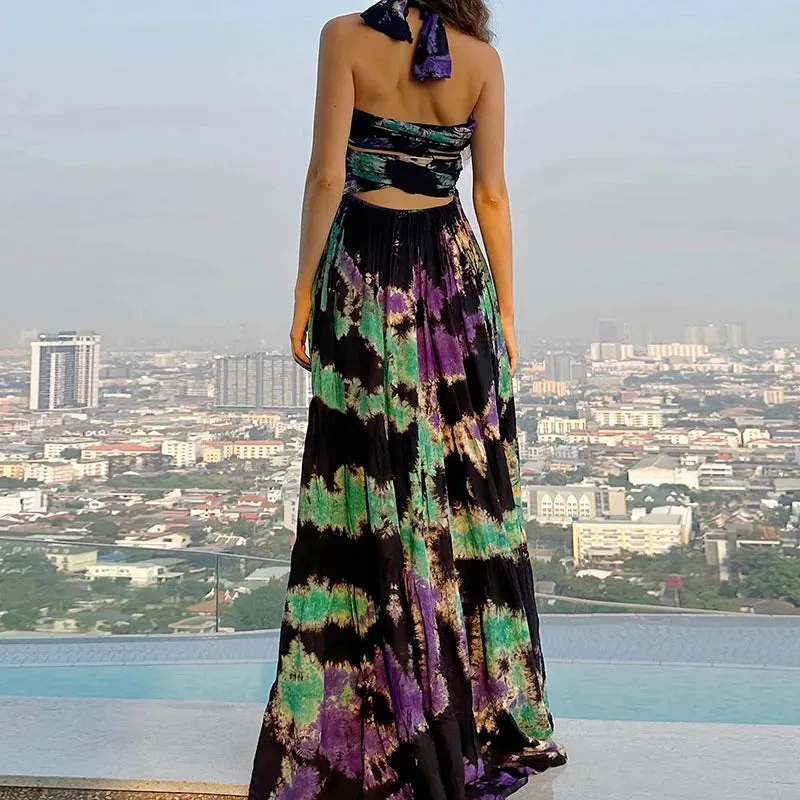 Deep V-strap Slim Long 2024 Summer Tie Dye Printed High Waisted Vintage Bohemian Sleeveless Women's Floral Elegant Dress